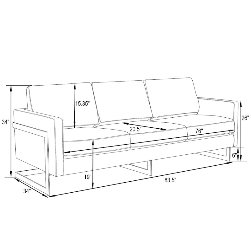 LeisureMod Lincoln Modern Upholstered Leather Sofa with Gold Frame - 83