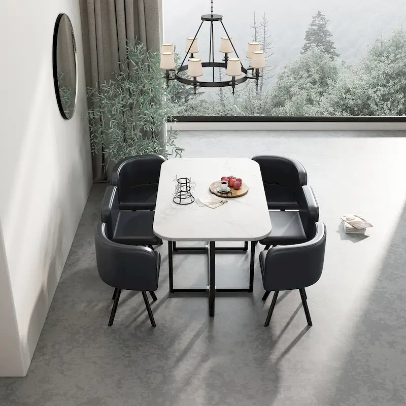 Modern 7-Piece Dining Set with Rectangular Marble Table & 6 Upholstered Chairs