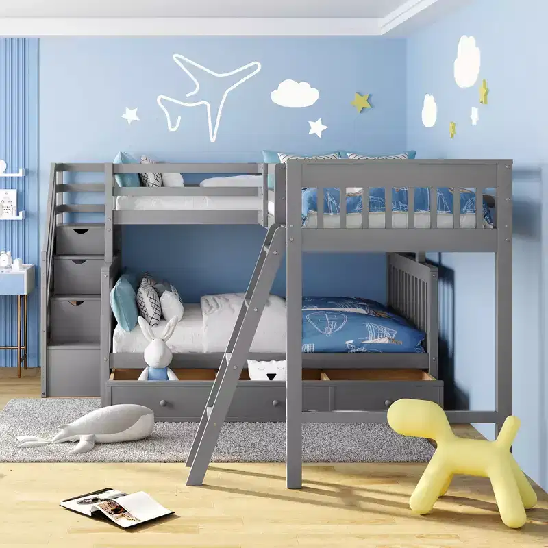 Stylish Design Twin over Full L-Shaped Bunk Bed With 3 Drawers, Ladder and Staircase