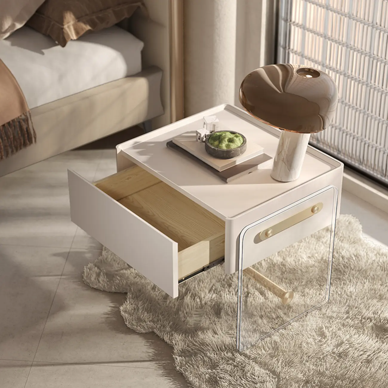 Modish White Acrylic 1-Drawer Nightstand with Shelf