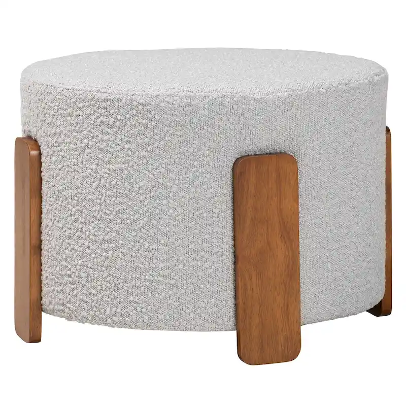 Modern Japandi Boucle Fabric and Wood Ottoman Footstool