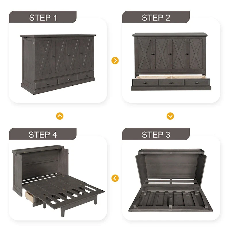 Solid Pine Murphy Bed Chest Cube Cabinet Bed with Charging Station and Large Storage Drawer for Home Office or Small Room,Queen