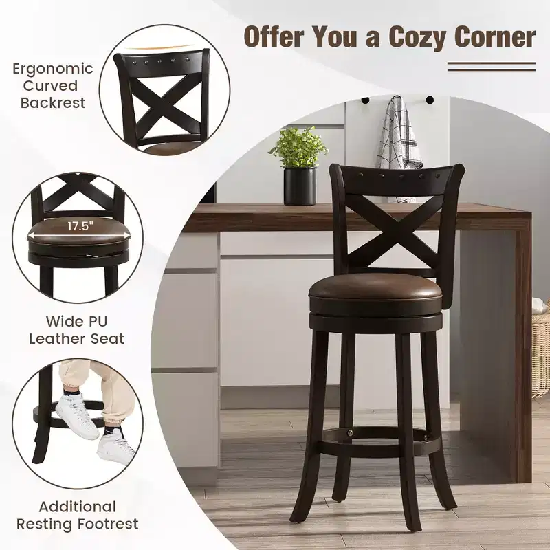 31 Swivel Bar Stool Bar Height PU Leather Seat Rubber Wood Legs Footrest