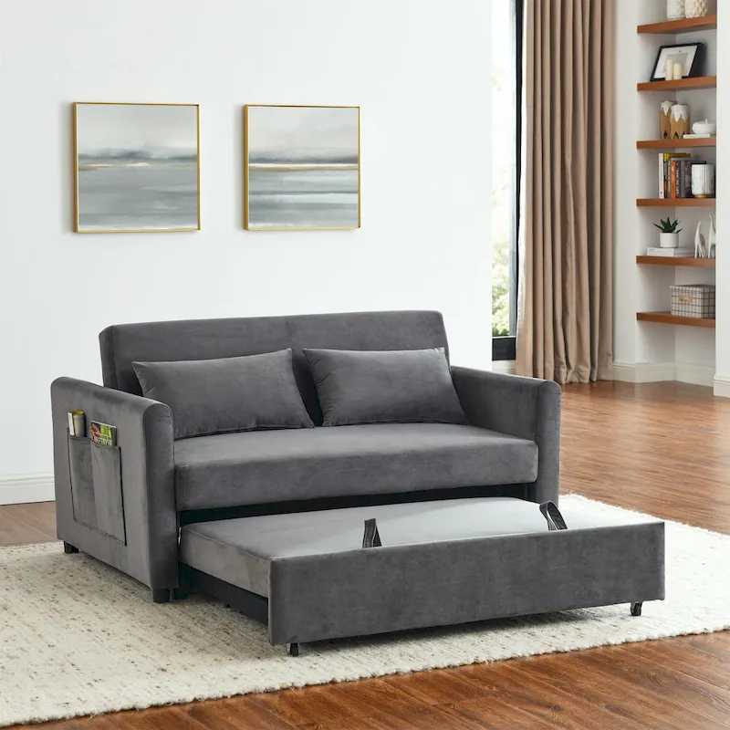 Convertible Sofa Bed, 3-In-1 Versatile Velvet Double Sofa With Pullout Bed
