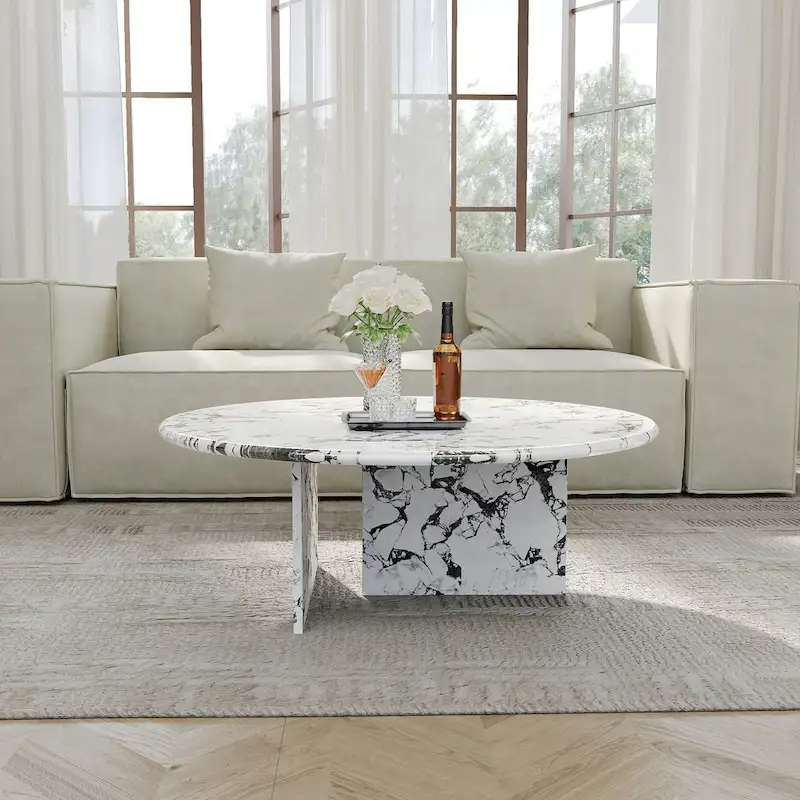 35.43Modern Round Coffee Table,Glossy Faux Marble Table top