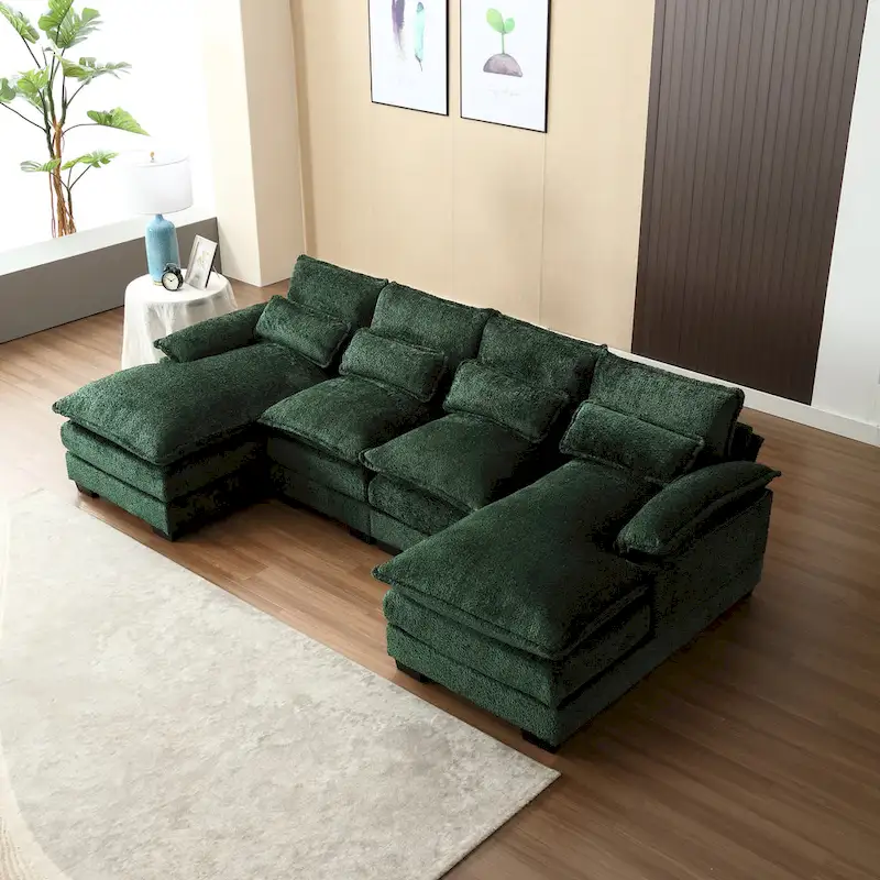 110.63 Modern U-Shaped Chenille 4 Seater Sectional Sofa with Double Cushions, 2 Chaise and High-Density Foam