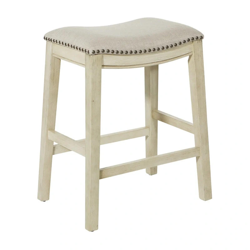 OSP Home Furnishings Metro Antique White and Beige Upholstered 24-inch Saddle Bar Stool (Set of 2)