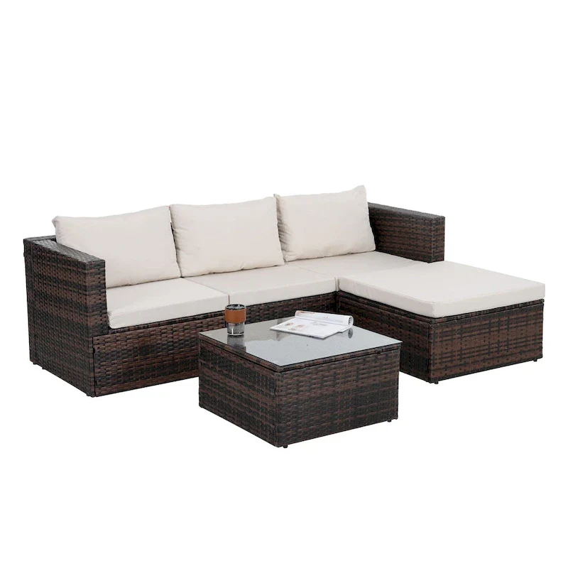 5 Set Wicker Furniture With Tempered Glass Coffee Table