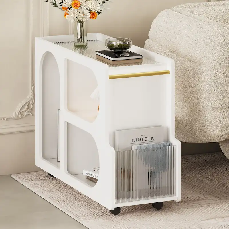31.5 Modern Mobile End Table with 5mm Thick Fluted Tempered Glass, Lockable Wheels and Golden Round Rod