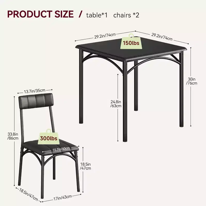 Modern Rustic Square Dining Set, 29.2' L x W 30.1' H Table, 33.7' 18.4' 17' Chairs, 2 Person, Metal & MDF, Easy Assembly, Space-Saving