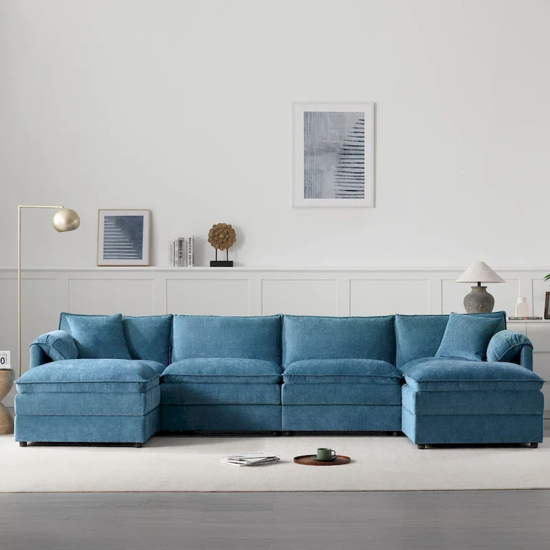 136 U-Shaped Chenille Cloud Sectional Sofa with Dual Ottomans