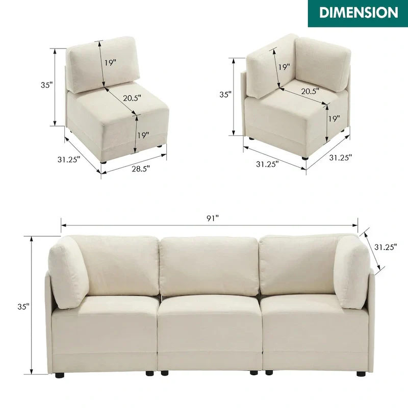 Modern Modular 3 Piece Reversible Sectional Linen Sofa Couch Optional in Free Combination
