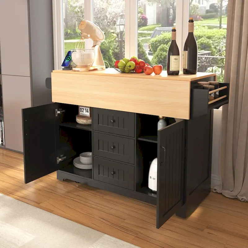 55.7Kitchen Island,2 Drop Leaf,Rolling Kitchen Cart on 5 Wheels,Power Outlet,Folding Dining Table,Spice & Towel Rack,3 Drawers