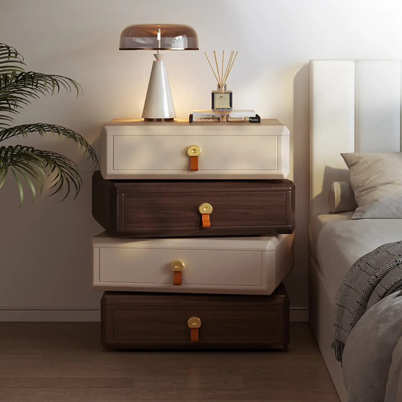 Creative Modern Swivel Beige Wooden 3 Drawers Nightstand