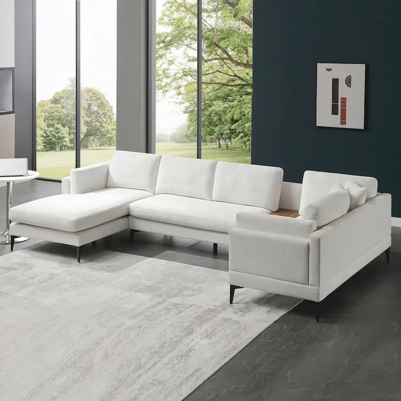 Modular U-shaped Linen Reversible Sofa with a Wooden Side Table Box and Reversible Design