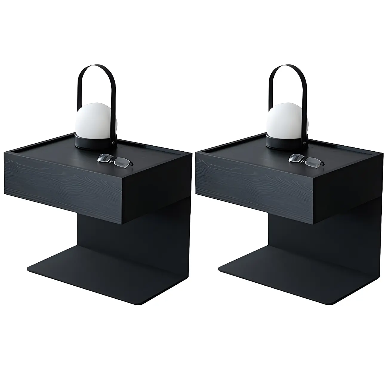 Black Steel Wood C-Shaped Drawer Nightstand with Light