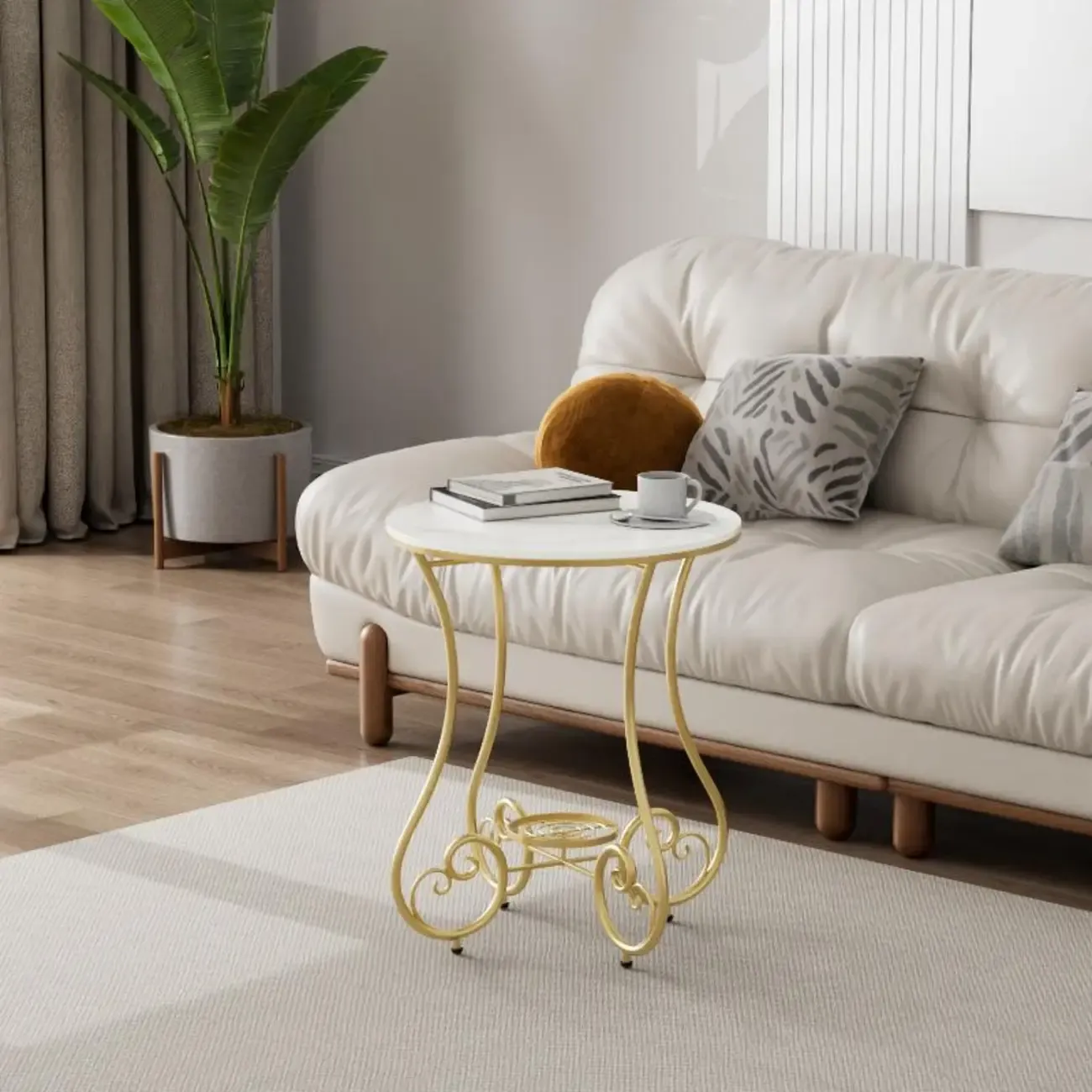 Modern Gloss Finish Steel Marble-Top Round Side Table