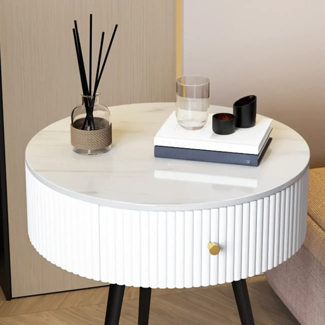 Modern Sintered Stone Top Round Drawer Tripod Nightstand