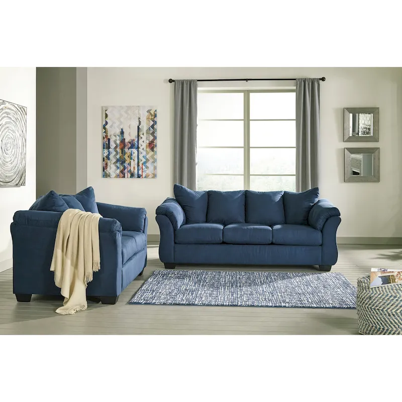 Aruca Navy Blue Microfiber Pillow Back Sofa and Loveseat Set