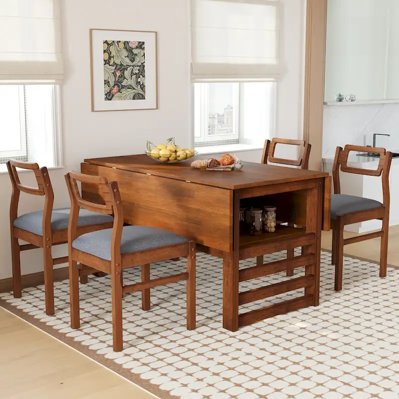 Extendable Wood Dining Table and Chairs Set Mid-Century Modern Dining Table and Chairs Set with 2 Drop Leaves and Storage Shelf