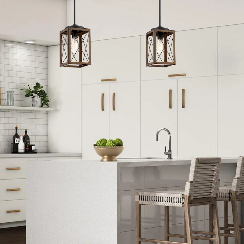 1-Light Cage Mini Pendant Light with Matte Black and Barnwood Accents