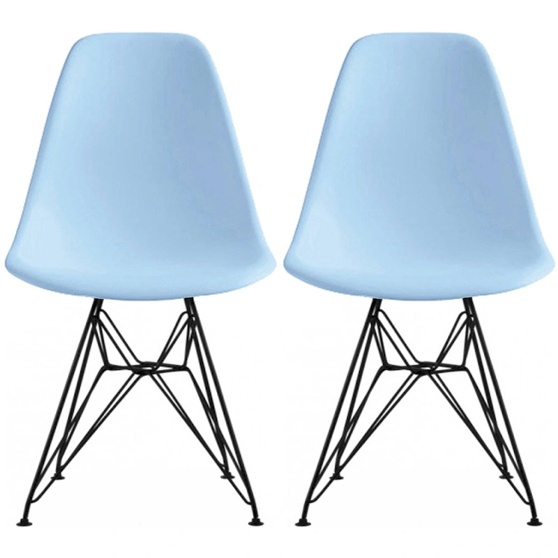 Set of 2 Mid-Century Modern Dining Side Chairs Armless Plastic Shell Seat with Black Metal Wire Eiffel Base, White