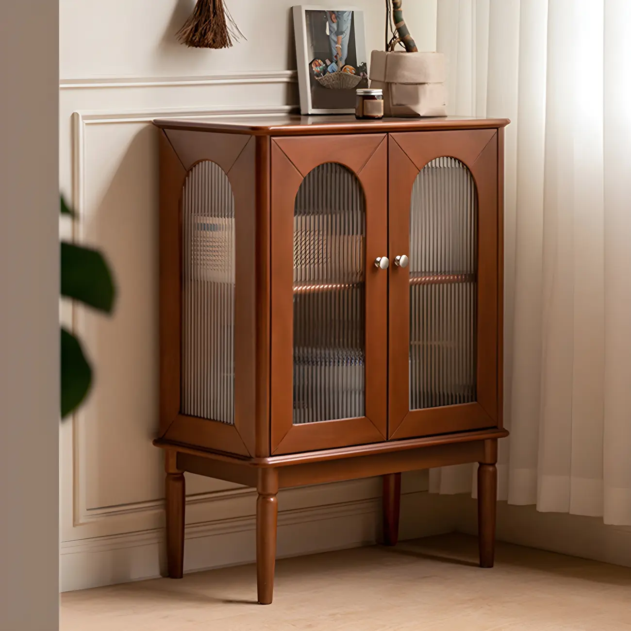 Brown Wood Glass Door Short China Cabinet with Light