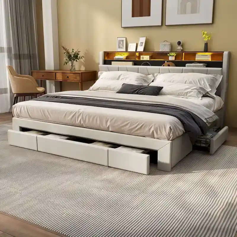 Queen Storage Upholstered Headboard Bed Frame
