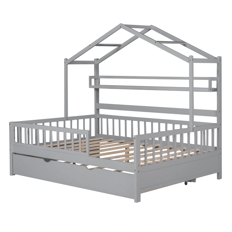 Full Wooden House Bed with Twin Trundle