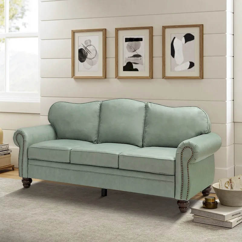 Balvino 81 Wide Transitional Genuine Leather Rolled Arm Sofa with Nailhead Trim and Removable Cushions