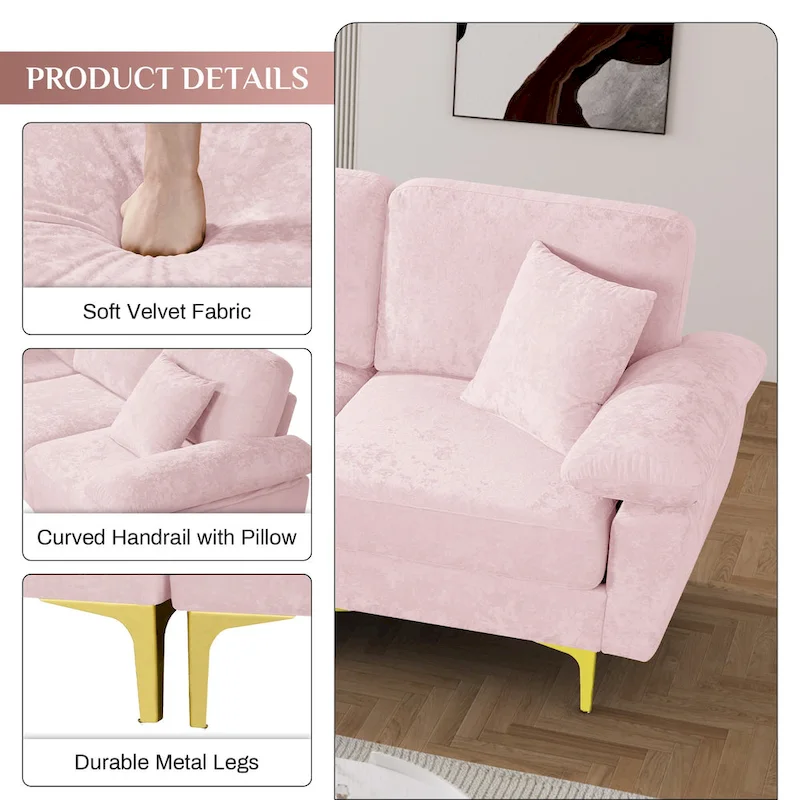 Ouyessir 2-Pieces Upholstered Velvet Sectional Sofa with 2 Pillows & Ottoman