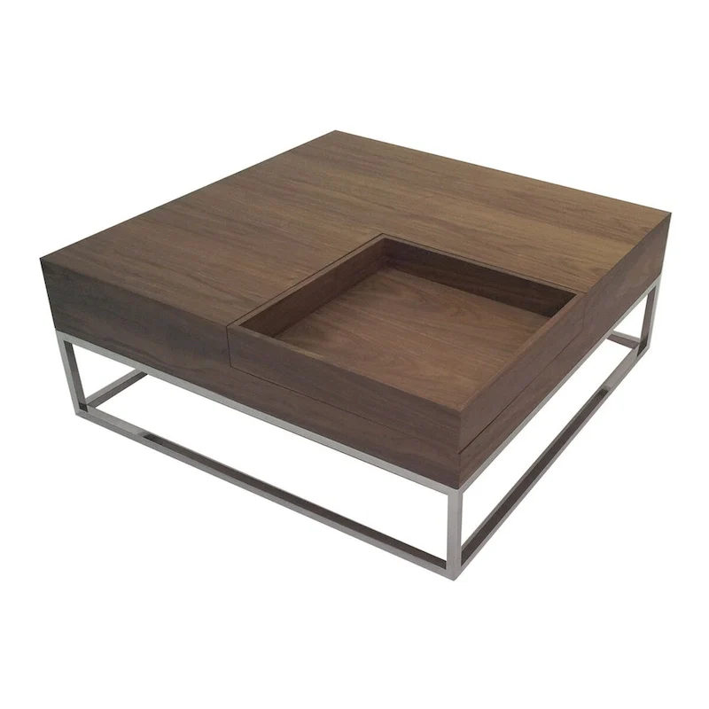 Rina 35 Inch Coffee Table, Removable Square Wood Tray, Storage, Steel Base