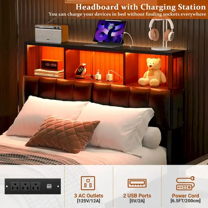 Upholstered Headboard with Hidden Drawer, Head Board with Power Outlet and LED Light