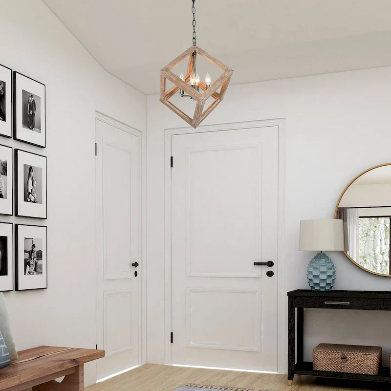 Loby Farmhouse Solid Wood Chandelier 4-light Rustic Geomerical Island Pendant Lights - D15.5  x H 18