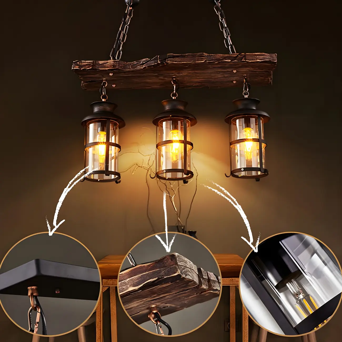 Rustic Industrial Large Wood Island Chandelier
