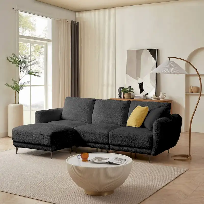 Convertible Sectional Sofa Couch, 3 Seat L-Shaped Sofa with Lamb Fabric, Movable Ottoman