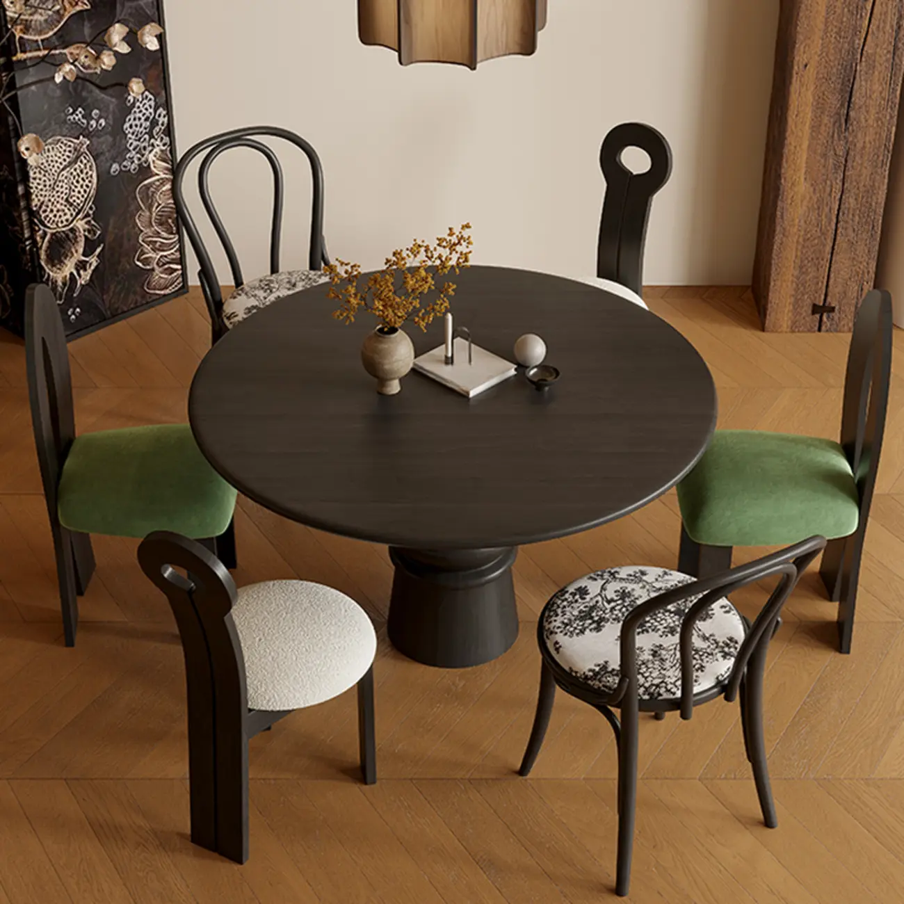 Traditional Dark Brown Wood Round Dining Table