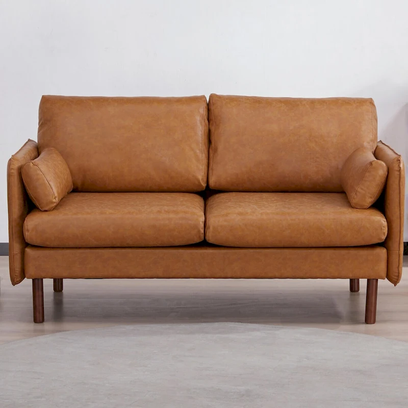 Yucca Modern Loveseat Sofa, Polyester / Vegan Leather Settee Couch - Includes 2 Pillows