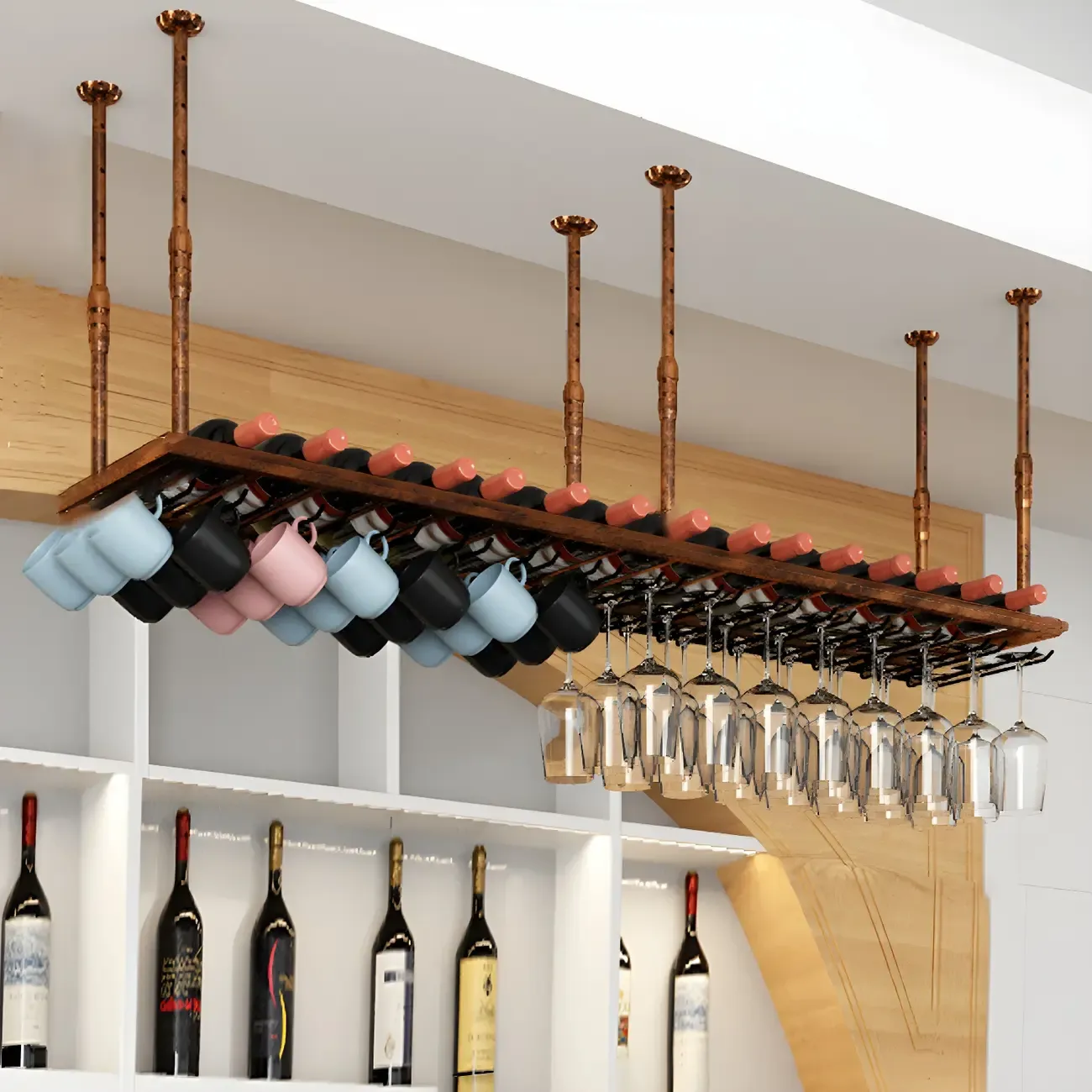 Industrial Metal Hanging Wine Rack with Glass Holder