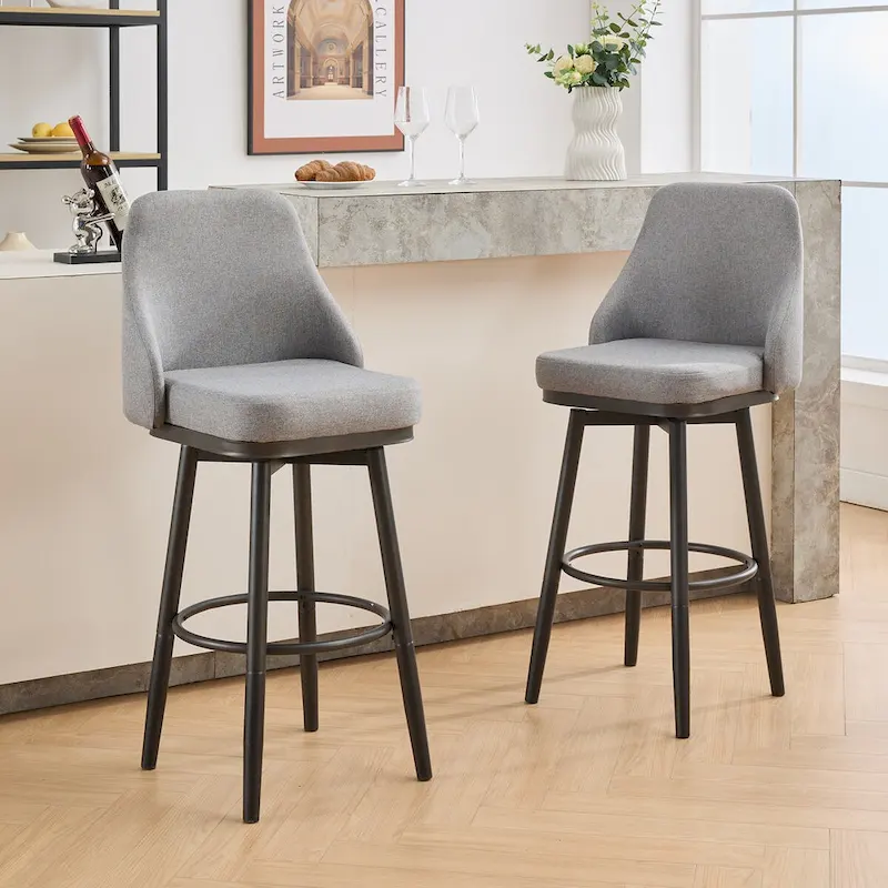 Bar Stools Set of 2 Chenille Adjustable Counter Height Swivel Bar Stools with Back Metal Leg,24 to 29 Inch,Light Gray