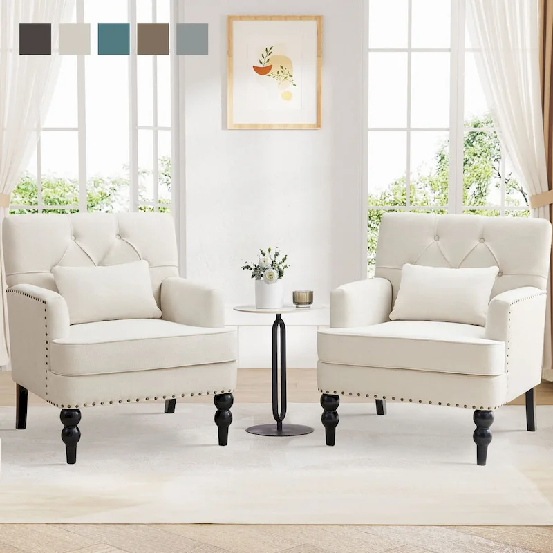 Set of 2 Arm Chair Upholstered Button Tufted Accent Chair with Lumbar Pillow Beige/ Grey/ Light Blue