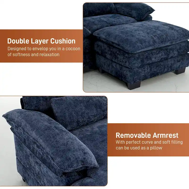 Ouyessir Soft Chenille Fabric U-shaped Sectional Sofa Set with Doudle Layer Cushion