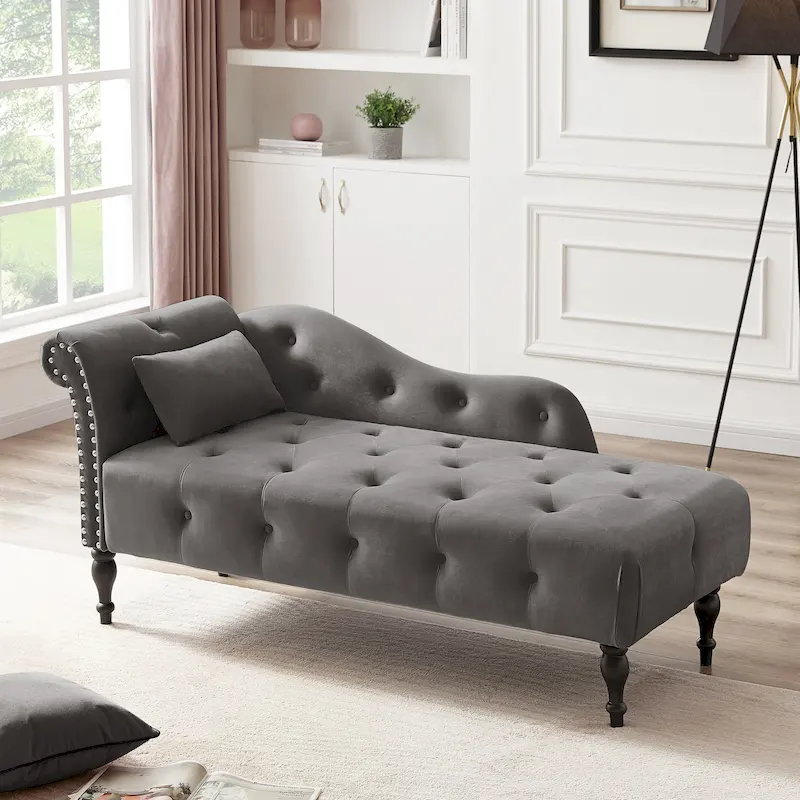 Modern 60.6 Velvet Upholstered Buttons Tufted Chaise Lounge Chair with Solid Wood Legs and Nailheads