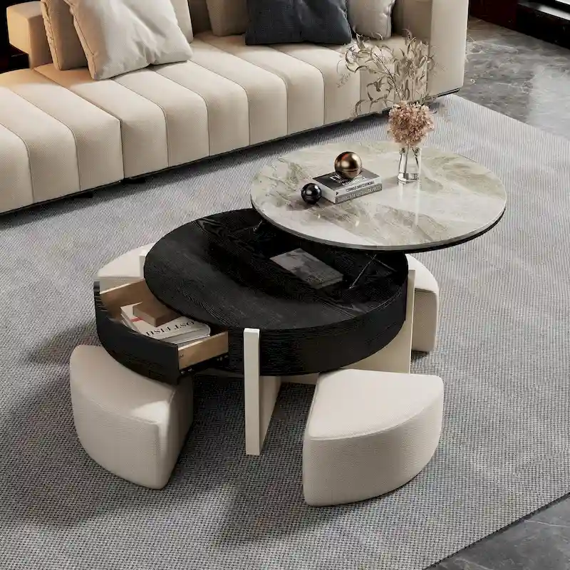 31.5 Modern Coffee Table, Lift Top Coffee Table with 3 Ottomans, Black - 31.5 X 31.5