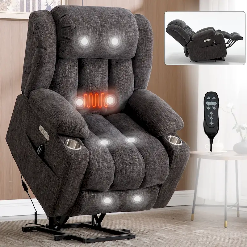 Chenille Power Lift Recliner Chair with 8-Point Vibration Massage and Lumbar Heating, USB and Type-C Ports