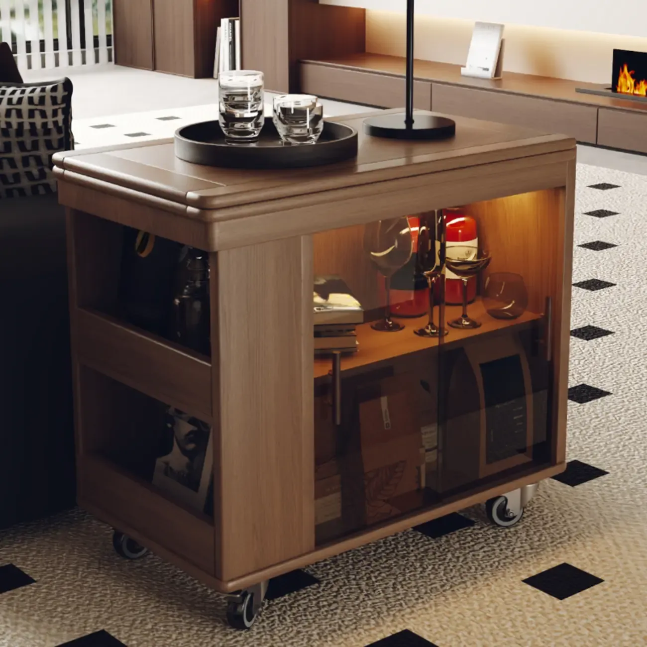 Modern Folding Table Top Wood Mobile Side Table with Wheels