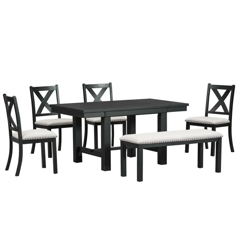6-Piece Dining Kitchen Table Set, Extendable Wood Dining Table, 4 Upholstered Dining Chairs and Bench, Two 11 Removable Leaf