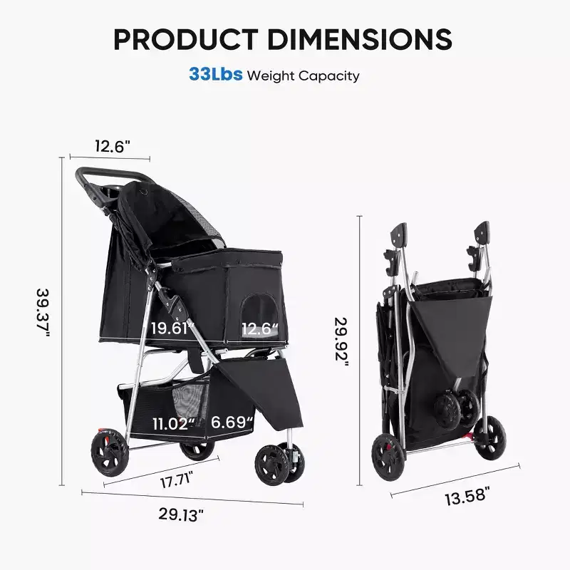 Gray Foldable Pet Stroller with Storage Basket, for Small/Medium Dogs & Cats