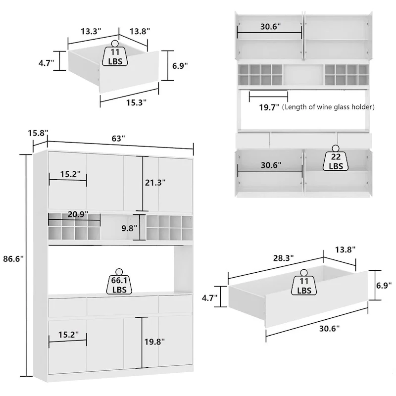 Large Kitchen Hutch Cabinet Storage Cupboard Pantry Wine Rack Buffet