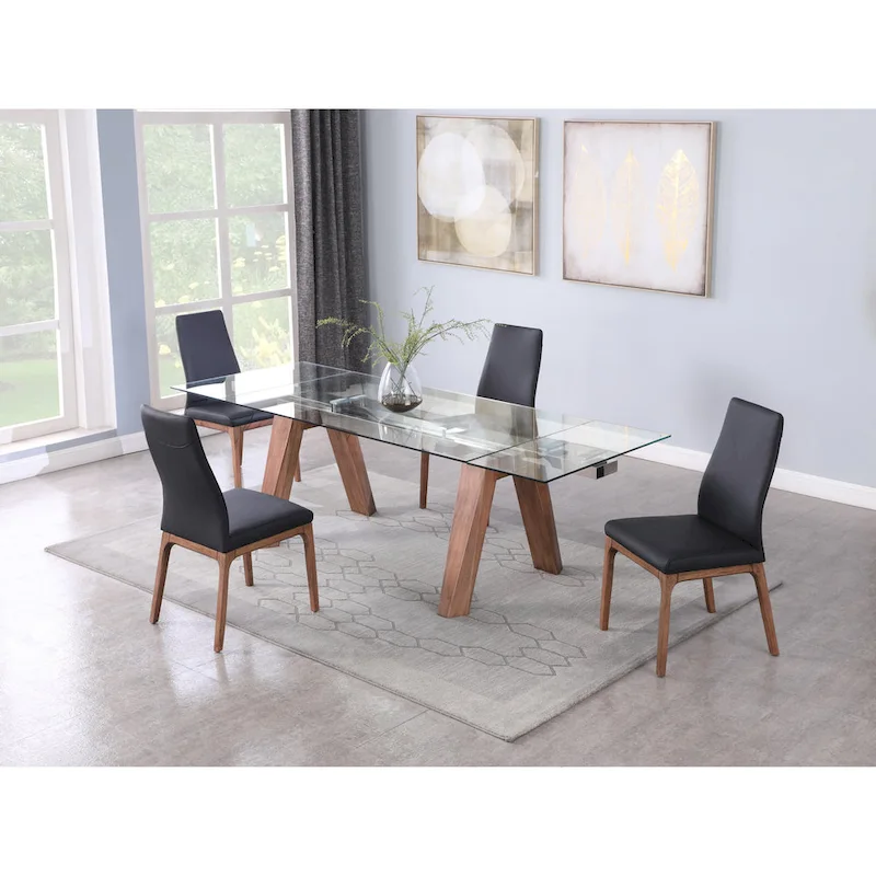Somette Modern Dining Table with Extendable Glass Top & Solid Wood Legs